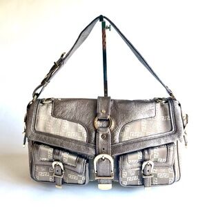 Versace Silver Leather Canvas Handbag Shoulder Bag